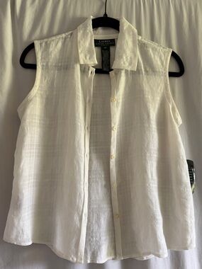 Vintage Lauren Ralph Lauren Petite White Sleeveless Button-Front Linen Top